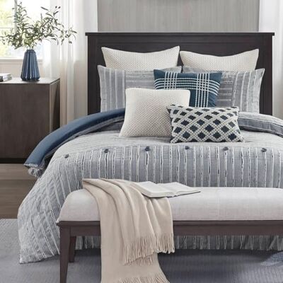 Madison Park SIGNATUR Queen täcke bomull klippt Jacquard, överdimensionerade täcken queen size säng, alla årstider ner alternativ överfylld queen size täcke, essens, full/drottning, blå 8 delar Madison Park SIGNATUR Queen täcke bomull klippt Jacquard, överdimensionerade täcken queen size säng, alla årstider ner alternativ överfylld queen size täcke, essens, full/drottning, blå 8 delar