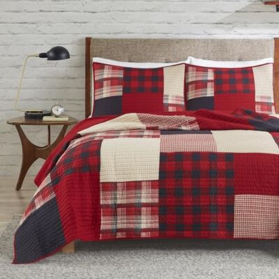WOOLRICH Sunset Reversible Quilt Set Cottage Styling Reversed to Solid Color, All Season Lightweight Coverlet, Cozy Bedding Layer, Matching Shams, Oversized Full/Queen, Plaid Red 3 Piece WOOLRICH Sunset Reversible Quilt Set Cottage Styling Reversed to Solid Color, All Season Lightweight Coverlet, Cozy Bedding Layer, Matching Shams, Oversized Full/Queen, Plaid Red 3 Piece