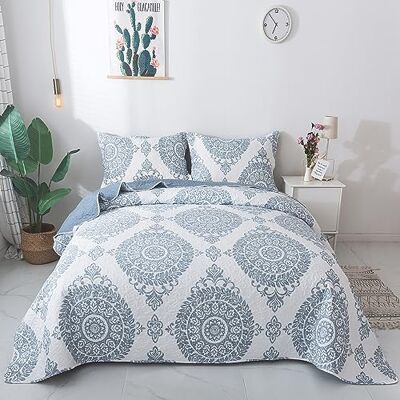 Travan 3-delat påslakanset quiltat överkast, lätt påslakanset med blommigt tryck, överdimensionerat quiltat bäddset med örngott för hela säsongen, blå blommig, queen size Travan 3-delat påslakanset quiltat överkast, lätt påslakanset med blommigt tryck, överdimensionerat quiltat bäddset med örngott för hela säsongen, blå blommig, queen size