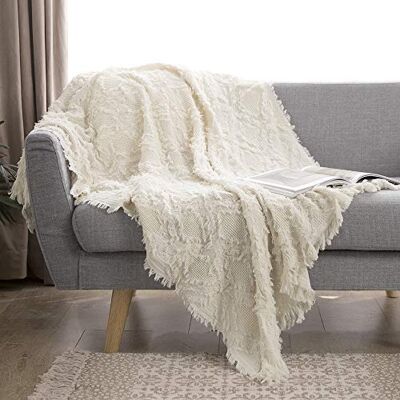 Simple&Opulence 100% bomull filt för säng, soffa, boho-texturerad geometrisk stickad vävd filt med tofsar mjuk, lätt andningsbar shabby chic bondgårdsdekoration för alla årstider (vit) Simple&Opulence 100% bomull filt för säng, soffa, boho-texturerad geometrisk stickad vävd filt med tofsar mjuk, lätt andningsbar shabby chic bondgårdsdekoration för alla årstider (vit)
