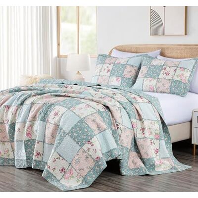 Chezmoi Collection Abbi 3-delad shabby chic sängkläder king täcke set förtvättad bomull blommigt överkast överkast veckad lapptäcke king size Chezmoi Collection Abbi 3-delad shabby chic sängkläder king täcke set förtvättad bomull blommigt överkast överkast veckad lapptäcke king size