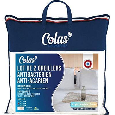 COLAS NORMAND Set med 2 antikvalster och antibakteriella kuddar fluffiga 60 x 60 cm långvarig verkan perfekt hygien mjuk och bekväm fransk tillverkad, vit COLAS NORMAND Set med 2 antikvalster och antibakteriella kuddar fluffiga 60 x 60 cm långvarig verkan perfekt hygien mjuk och bekväm fransk tillverkad, vit