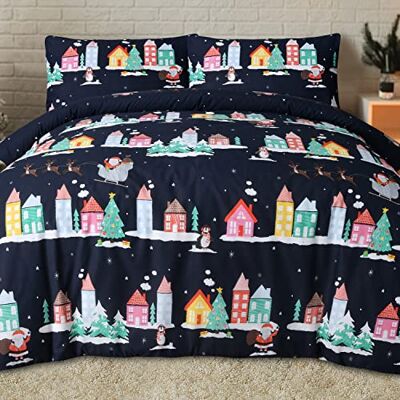 Sleepdown Tomtstad jul festlig marinblå vändbart påslakan täcke sängkläder set med örngott mjuk lättskött sängkläder – dubbel (200 cm x 200 cm) Sleepdown Tomtstad jul festlig marinblå vändbart påslakan täcke sängkläder set med örngott mjuk lättskött sängkläder – dubbel (200 cm x 200 cm)