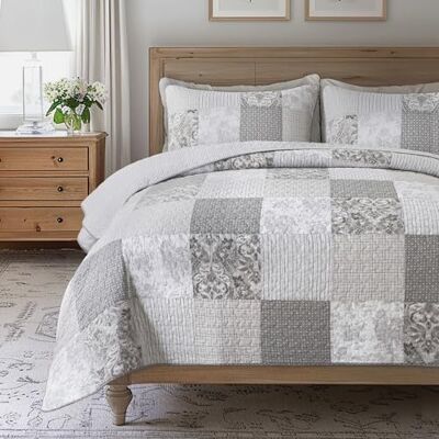 SLPR Silver Linings Cotton Quilt Set Twin Size with 1 Sham, Neutral Pieced Patchwork Design, Country Silver Gray Quilted Comforter, Lightweight Summer Farmhouse Bedspread SLPR Silver Linings Cotton Quilt Set Twin Size with 1 Sham, Neutral Pieced Patchwork Design, Country Silver Gray Quilted Comforter, Lightweight Summer Farmhouse Bedspread