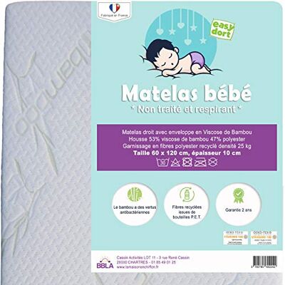 Easy Dort Babymadrass 60 x 120 cm bambuöverdrag antibakteriell sommar och vinter dubbelsidig tjocklek 10 cm tillverkad i Frankrike Oeko tex® fri från skadliga ämnen Vit Easy Dort Babymadrass 60 x 120 cm bambuöverdrag antibakteriell sommar och vinter dubbelsidig tjocklek 10 cm tillverkad i Frankrike Oeko tex® fri från skadliga ämnen Vit