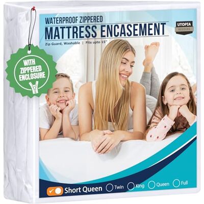 Utopia Bedding madrasskydd med dragkedja, kort Queen size-säng, 100% vattentätt, mot sängar och kvalster, absorberande sexsidigt madrasskydd Utopia Bedding madrasskydd med dragkedja, kort Queen size-säng, 100% vattentätt, mot sängar och kvalster, absorberande sexsidigt madrasskydd