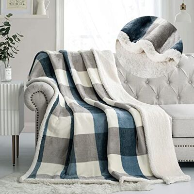 PU MEI Sherpa fleecefilt vändbar plysch fluffig gitter flanell filtar för bäddsoffa, 150 x 200 cm, grå-blå PU MEI Sherpa fleecefilt vändbar plysch fluffig gitter flanell filtar för bäddsoffa, 150 x 200 cm, grå-blå