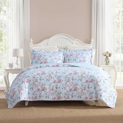 Laura Ashley påslakanset, supermjuka bomullssängkläder med matchande örngott, kuvertstängning, blommigt tryckt design, lycksalig blå, tvilling Laura Ashley påslakanset, supermjuka bomullssängkläder med matchande örngott, kuvertstängning, blommigt tryckt design, lycksalig blå, tvilling