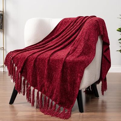 PAVILIA Vinröd filt för soffan, mjukt vin mörk rödbrun röd stickad filt med tofslugg, vävd chenille stickad dekorativ filt för bäddsoffa vardagsrum, dekorgåva, 50 x 60 PAVILIA Vinröd filt för soffan, mjukt vin mörk rödbrun röd stickad filt med tofslugg, vävd chenille stickad dekorativ filt för bäddsoffa vardagsrum, dekorgåva, 50 x 60