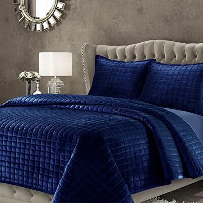 Tribeca Living Bäddset i sammet för twin size-säng, tvådelat set med rutsömmar som innehåller ett överdimensionerat täcke och ett kuddöverdrag, 260 GSM mjuk sammet, marinblå (Florence/Navy Blue) Tribeca Living Bäddset i sammet för twin size-säng, tvådelat set med rutsömmar som innehåller ett överdimensionerat täcke och ett kuddöverdrag, 260 GSM mjuk sammet, marinblå (Florence/Navy Blue)