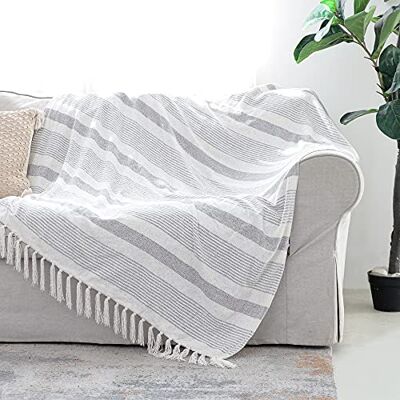 Snugtown Dekorativ grå elfenben randigt överkast med lugg, mjuk chenille stickad bondgård lätt filt med tofsar för soffa stol säng kontor heminredning, grå och benvit, 127 x 152 cm Snugtown Dekorativ grå elfenben randigt överkast med lugg, mjuk chenille stickad bondgård lätt filt med tofsar för soffa stol säng kontor heminredning, grå och benvit, 127 x 152 cm