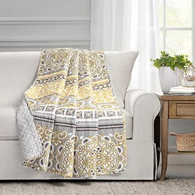 Lush Decor Nesco rand vändbar bomullsfilt, 152 cm x 127 cm, gul och grå Lush Decor Nesco rand vändbar bomullsfilt, 152 cm x 127 cm, gul och grå