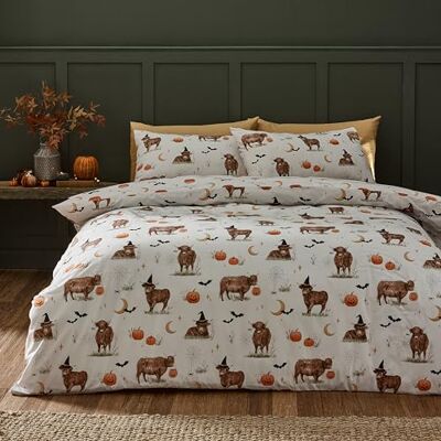 Catherine Lansfield Halloween Highland Cow vändbart enkelt påslakanset med örngott naturligt Catherine Lansfield Halloween Highland Cow vändbart enkelt påslakanset med örngott naturligt