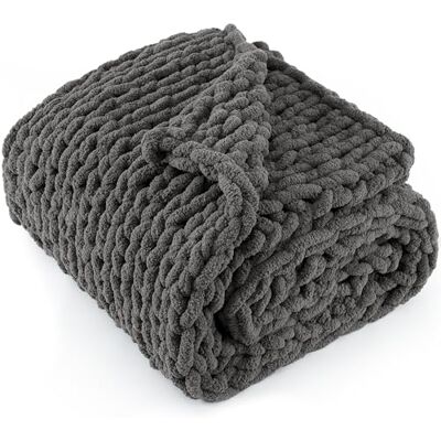 LONG CREATE Chunky stickad filt 127 cm x 152 cm, 100% handgjord med mjukt Chenille-garn, 2 kg tjocka kabelstickade filtar, stor repknut virkad filt för bäddsoffa heminredning, mörkgrå LONG CREATE Chunky stickad filt 127 cm x 152 cm, 100% handgjord med mjukt Chenille-garn, 2 kg tjocka kabelstickade filtar, stor repknut virkad filt för bäddsoffa heminredning, mörkgrå