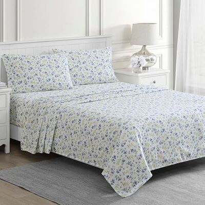 Martha Stewart Ruth Ditsy Floral 300 TC 100% bomull percale lakanset, blå/vit, 4 delar – 1 lakan, 1 dra-på-lakan, 2 st örngott, andningsbara bomullstryckta lakan, queen size Martha Stewart Ruth Ditsy Floral 300 TC 100% bomull percale lakanset, blå/vit, 4 delar – 1 lakan, 1 dra-på-lakan, 2 st örngott, andningsbara bomullstryckta lakan, queen size