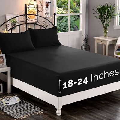Elegant Comfort Dra-på-lakan, premium, 1 500 trådtäthet, ultramjukt, 46–61 cm, extra djup ficka – för hög madrass – skrynkelfritt med smarta förvaringsfickor, queen size, svart Elegant Comfort Dra-på-lakan, premium, 1 500 trådtäthet, ultramjukt, 46–61 cm, extra djup ficka – för hög madrass – skrynkelfritt med smarta förvaringsfickor, queen size, svart
