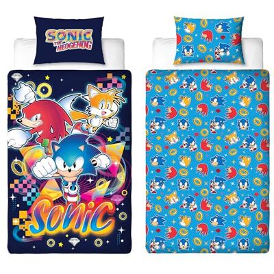Sonic The Hedgehog Officiellt licensierade enkelsängset dubbelsidigt dubbelsidigt påslakanset med svansar och knogar med matchande örngott, perfekt för barnrum Sonic The Hedgehog Officiellt licensierade enkelsängset dubbelsidigt dubbelsidigt påslakanset med svansar och knogar med matchande örngott, perfekt för barnrum