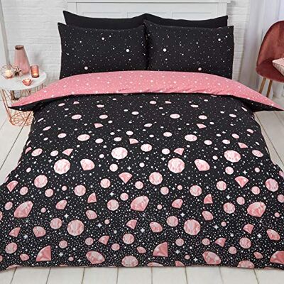 Dreamscene Glam Glitz diamant mönstrat tryckt påslakan och örngott gnistrande vändbart bäddset, svart/rouge/roséguld – kung Dreamscene Glam Glitz diamant mönstrat tryckt påslakan och örngott gnistrande vändbart bäddset, svart/rouge/roséguld – kung