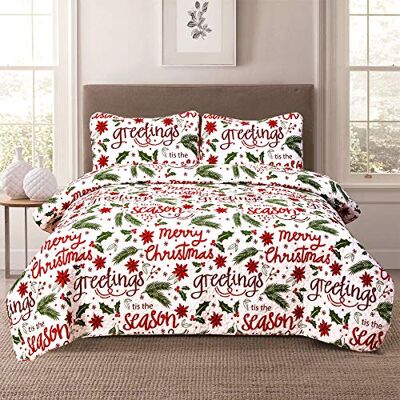 HowPlum King Holiday täcke sängkläder set jul vinter skrift, röd grön vit HowPlum King Holiday täcke sängkläder set jul vinter skrift, röd grön vit