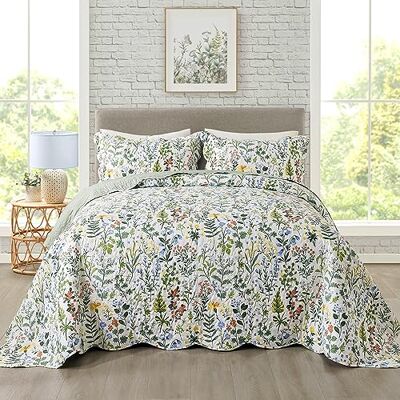Travan 3-delat påslakanset med quiltat överkast, lättvikts täckeset, trädgårdsstil, blommigt tryck, överdimensionerat quiltat bäddset med örngott för hela säsongen, utsökt, queen size Travan 3-delat påslakanset med quiltat överkast, lättvikts täckeset, trädgårdsstil, blommigt tryck, överdimensionerat quiltat bäddset med örngott för hela säsongen, utsökt, queen size
