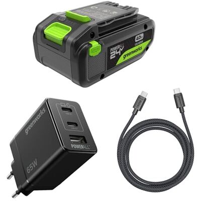Greenworks 24 V 4 Ah batteri hög effekt USB-C och 65 W USB-C-laddare & 100 W-kabel, Li-Ion 24 V 4,0 Ah batteri passar alla 200+ 24 V enheter, 2 års garanti K2S4BEA Greenworks 24 V 4 Ah batteri hög effekt USB-C och 65 W USB-C-laddare & 100 W-kabel, Li-Ion 24 V 4,0 Ah batteri passar alla 200+ 24 V enheter, 2 års garanti K2S4BEA