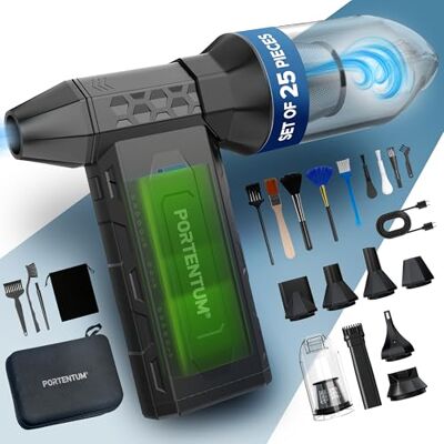 PORTENTUM 3-i-1 elektrisk tryckluft 180 km/h – bildammsugare 25 kPa – dubbel LED-ficklampa – set med 25 med 6 munstycken och 13 borstar – batteridriven fläkt upp till 115 min PORTENTUM 3-i-1 elektrisk tryckluft 180 km/h – bildammsugare 25 kPa – dubbel LED-ficklampa – set med 25 med 6 munstycken och 13 borstar – batteridriven fläkt upp till 115 min