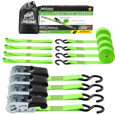 XSTRAP STANDARD Ratchet Tie Down Straps 4Pk 15Ft 1500Lb Break Strength, Cargo Straps for Moving Appliances, Lawn Equipment, Motorcycle, Includes 4 Soft Loops XSTRAP STANDARD Ratchet Tie Down Straps 4Pk 15Ft 1500Lb Break Strength, Cargo Straps for Moving Appliances, Lawn Equipment, Motorcycle, Includes 4 Soft Loops