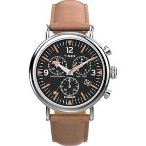Timex Waterbury Chronograph 41 mm herrklocka Brunt snabbfrigörande läderarmband i två delar, svart urtavla, silverfärgad boett TW2W84500 Timex Waterbury Chronograph 41 mm herrklocka Brunt snabbfrigörande läderarmband i två delar, svart urtavla, silverfärgad boett TW2W84500