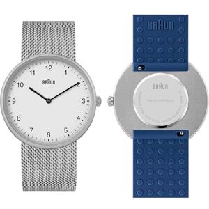 Braun 2-hand analog kvartsur, vit urtavla och nätrem i rostfritt stål med ytterligare blå silikongummirem, snabbfrigörande fjäderstänger, 38 mm, modell BN0281WMHMBLG, Silver/blå Braun 2-hand analog kvartsur, vit urtavla och nätrem i rostfritt stål med ytterligare blå silikongummirem, snabbfrigörande fjäderstänger, 38 mm, modell BN0281WMHMBLG, Silver/blå