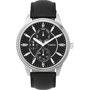 Timex TW2Y21600 Chicago Kvartsur på 45 mm för män – svart läderarmband med svart urtavla och silverfärgad boett Timex TW2Y21600 Chicago Kvartsur på 45 mm för män – svart läderarmband med svart urtavla och silverfärgad boett