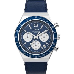 Timex Q Chronograph 40 mm herrklocka Blått snabbfrigörande läderarmband i två delar, blå urtavla, boett i rostfritt stål TW2W51700 Timex Q Chronograph 40 mm herrklocka Blått snabbfrigörande läderarmband i två delar, blå urtavla, boett i rostfritt stål TW2W51700