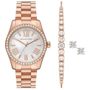 Michael Kors Lexington damklocka, 38 mm, kvartsurverk med tre visare och armband i rostfritt stål eller läder Michael Kors Lexington damklocka, 38 mm, kvartsurverk med tre visare och armband i rostfritt stål eller läder