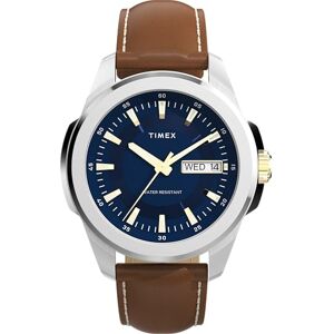 Timex TW2Y38100 Essex Day and Date Kvartsur på 45 mm för män – brunt läderarmband med blå urtavla och silverfärgad boett Timex TW2Y38100 Essex Day and Date Kvartsur på 45 mm för män – brunt läderarmband med blå urtavla och silverfärgad boett