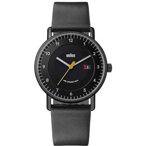 Braun 3-visare-herrklocka med soldrivet kvartsdatumvisning, svart urtavla och svart läderarmband, 40 mm rostfritt stål hölje, modell BN0301BKBKG, IP svart Braun 3-visare-herrklocka med soldrivet kvartsdatumvisning, svart urtavla och svart läderarmband, 40 mm rostfritt stål hölje, modell BN0301BKBKG, IP svart