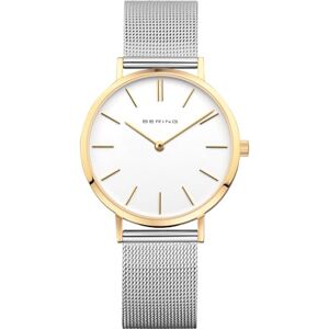 BERING Kvartsur för damer, armbandsur, 34 mm, med guldfärgad boett av rostfritt stål och vit urtavla, milanesiskt armband, safirglas, 3 atm, 14134-010 BERING Kvartsur för damer, armbandsur, 34 mm, med guldfärgad boett av rostfritt stål och vit urtavla, milanesiskt armband, safirglas, 3 atm, 14134-010