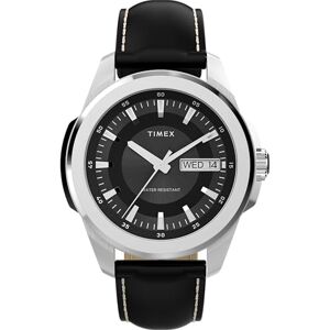 Timex TW2Y20600 Essex Day and Date Kvartsur på 45 mm för män – svart läderarmband med svart urtavla och silverfärgad boett Timex TW2Y20600 Essex Day and Date Kvartsur på 45 mm för män – svart läderarmband med svart urtavla och silverfärgad boett