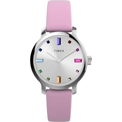 Timex Trend 31 mm damklocka Lila snabbfrigörande läderarmband i två delar, silverfärgad urtavla, silverfärgad boett TW2W84800 Timex Trend 31 mm damklocka Lila snabbfrigörande läderarmband i två delar, silverfärgad urtavla, silverfärgad boett TW2W84800