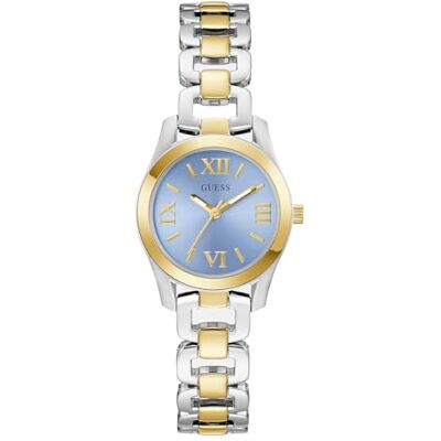 GUESS Damarmbandsur VEDA, tvåfärgat rostfritt stålarmband, mineralglas, blå urtavla, 3 bar, husdiameter: 28 mm, GW0927L3 GUESS Damarmbandsur VEDA, tvåfärgat rostfritt stålarmband, mineralglas, blå urtavla, 3 bar, husdiameter: 28 mm, GW0927L3