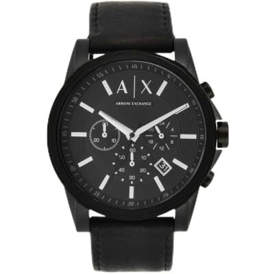 Giorgio Armani klocka för män, kvarts kronogravrörelse, 45 mm svart rostfritt stålfodral med läderrem, AX2098 Giorgio Armani klocka för män, kvarts kronogravrörelse, 45 mm svart rostfritt stålfodral med läderrem, AX2098