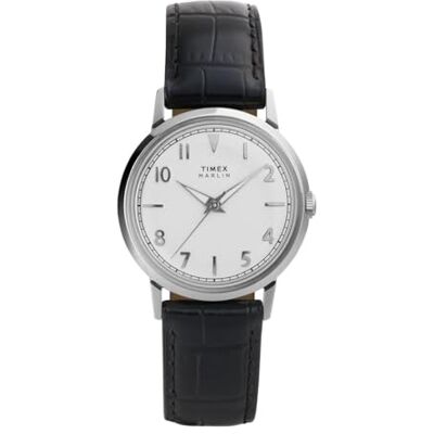 Timex TW2Y37600 Marlin Quartz Kvartsur på 34 mm för män – svart läderrem med silverfärgad urtavla och boett i rostfritt stål Timex TW2Y37600 Marlin Quartz Kvartsur på 34 mm för män – svart läderrem med silverfärgad urtavla och boett i rostfritt stål