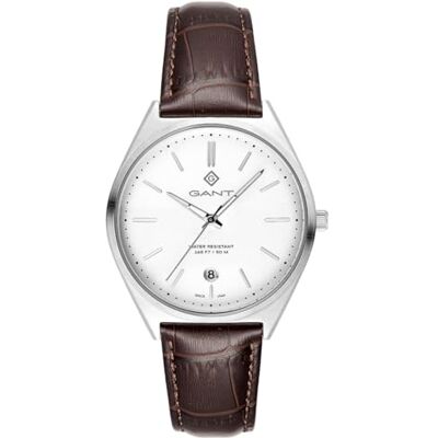 GANT G201001 Abington herrklocka för män, kvartsrörelse, rostfritt stål hölje silverfärgad, läderband brun, vit urtavla, datum, 5 ATM, 41 mm GANT G201001 Abington herrklocka för män, kvartsrörelse, rostfritt stål hölje silverfärgad, läderband brun, vit urtavla, datum, 5 ATM, 41 mm