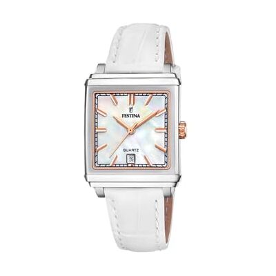 Festina Damklocka F20682/1 på torget rostfritt stål fodral grå läderrem vit, Silver, rem Festina Damklocka F20682/1 på torget rostfritt stål fodral grå läderrem vit, Silver, rem