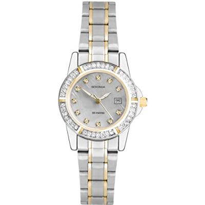 Sekonda Sienna damklocka, 28 mm, med sten, infattning, 50 m, vattentät, med datumfönster, Silver/guld, Tvåfärgat armband Sekonda Sienna damklocka, 28 mm, med sten, infattning, 50 m, vattentät, med datumfönster, Silver/guld, Tvåfärgat armband