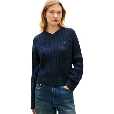 Tommy Hilfiger dam Co kabel Mid Gg RLX Ls V-Nk SWT WW0WW48433, blå, L Tommy Hilfiger dam Co kabel Mid Gg RLX Ls V-Nk SWT WW0WW48433, blå, L