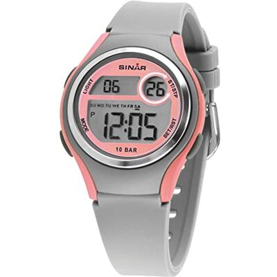 SINAR XE-64-9 flickklocka med digital LCD-kvartsur, 10 bar, silikonsport, rosa, rem, Rosa, rem SINAR XE-64-9 flickklocka med digital LCD-kvartsur, 10 bar, silikonsport, rosa, rem, Rosa, rem