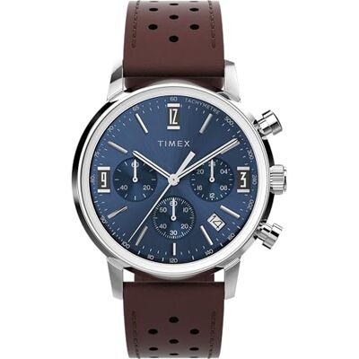 Timex Marlin Chronograph 40 mm herrklocka Brunt snabbfrigörande armband i två delar, blå urtavla, boett i rostfritt stål TW2W10200 Timex Marlin Chronograph 40 mm herrklocka Brunt snabbfrigörande armband i två delar, blå urtavla, boett i rostfritt stål TW2W10200