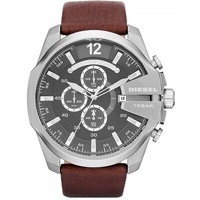 Diesel klocka för män Mega Chief, kronogravrörelse, 59 mm silver/stål rostfritt stålfodral med läderrem, DZ4290 Diesel klocka för män Mega Chief, kronogravrörelse, 59 mm silver/stål rostfritt stålfodral med läderrem, DZ4290