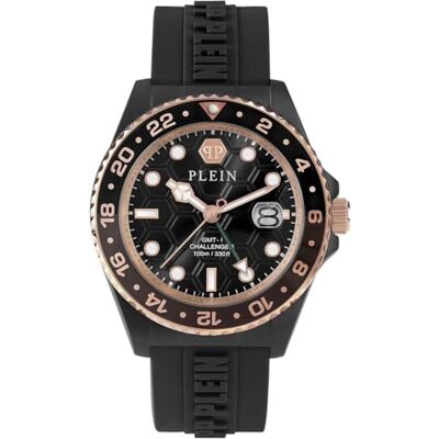 Philipp Plein GMT-I Challenger analog herrklocka, Svart/roséguld, Modern Philipp Plein GMT-I Challenger analog herrklocka, Svart/roséguld, Modern