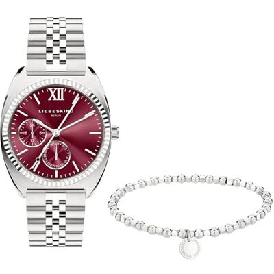 LIEBESKIND Liebekinder Berlin Set – Silver damklocka med bordeauxurtavla och matchande pärlarmband – silver – rostfritt stål – analog armbandsur med kvartsrörelse – 34 mm – 10 ATM – reptålig LIEBESKIND Liebekinder Berlin Set – Silver damklocka med bordeauxurtavla och matchande pärlarmband – silver – rostfritt stål – analog armbandsur med kvartsrörelse – 34 mm – 10 ATM – reptålig
