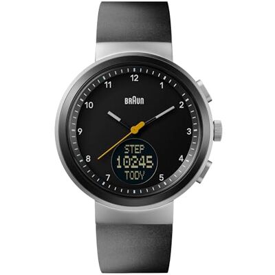Braun analog kvartsklocka med digital display med kalender och stegräkning, svart urtavla och svart silikongummirem, 45 mm rostfritt stålfodral, modell BN0299NBKBKG, Svart, Modern Braun analog kvartsklocka med digital display med kalender och stegräkning, svart urtavla och svart silikongummirem, 45 mm rostfritt stålfodral, modell BN0299NBKBKG, Svart, Modern